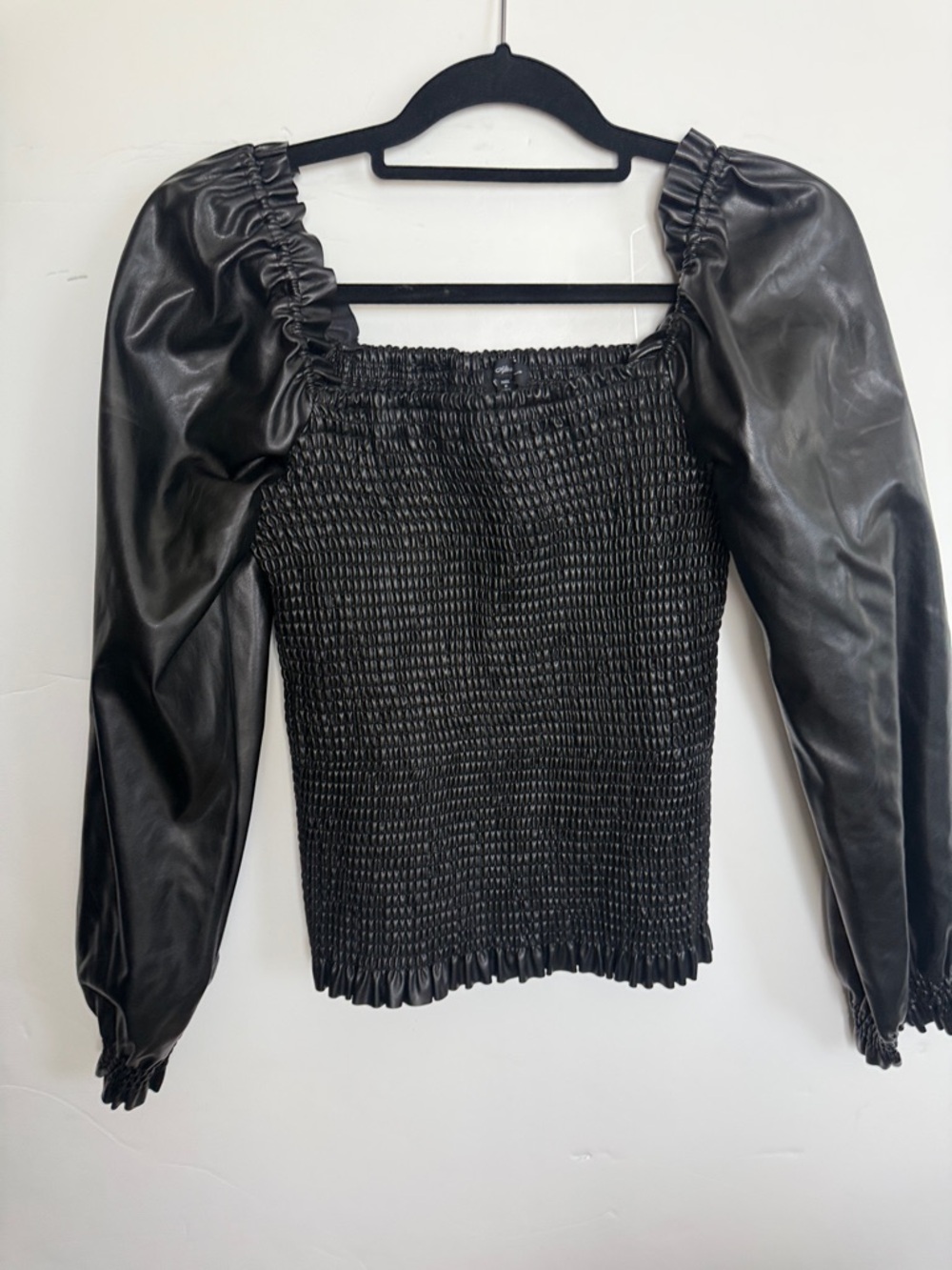 Black Smocked Puff-Sleeve Faux-Leather Women’s Top